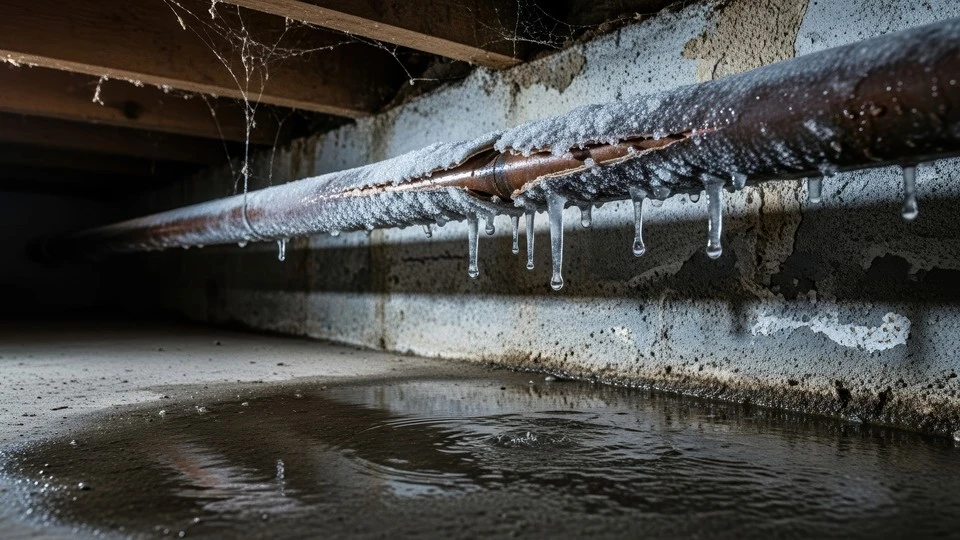 Water damage from a burst frozen pipe soaking interior walls and flooring