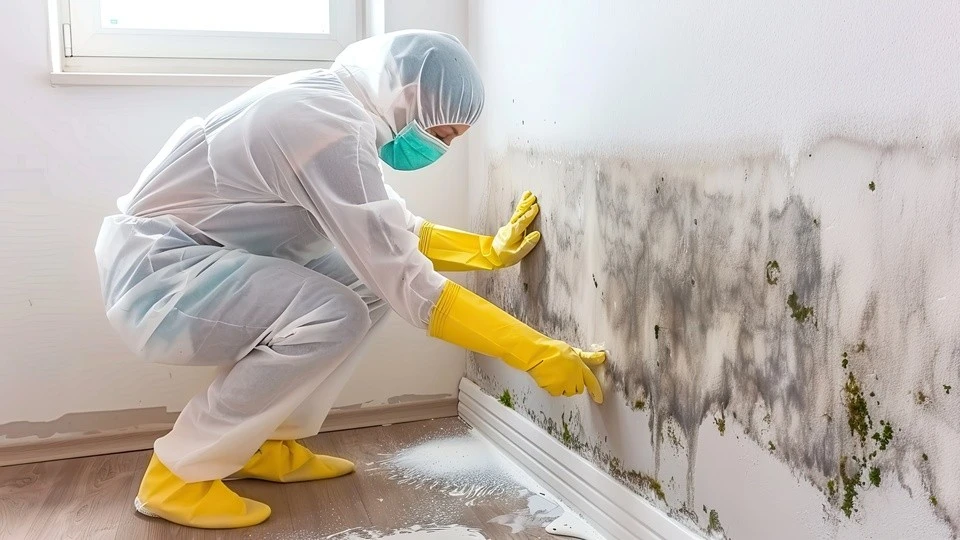 Professional mold inspector performing mold testing in a home