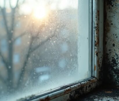 Interior of a residential apartment showing significant black mold damage